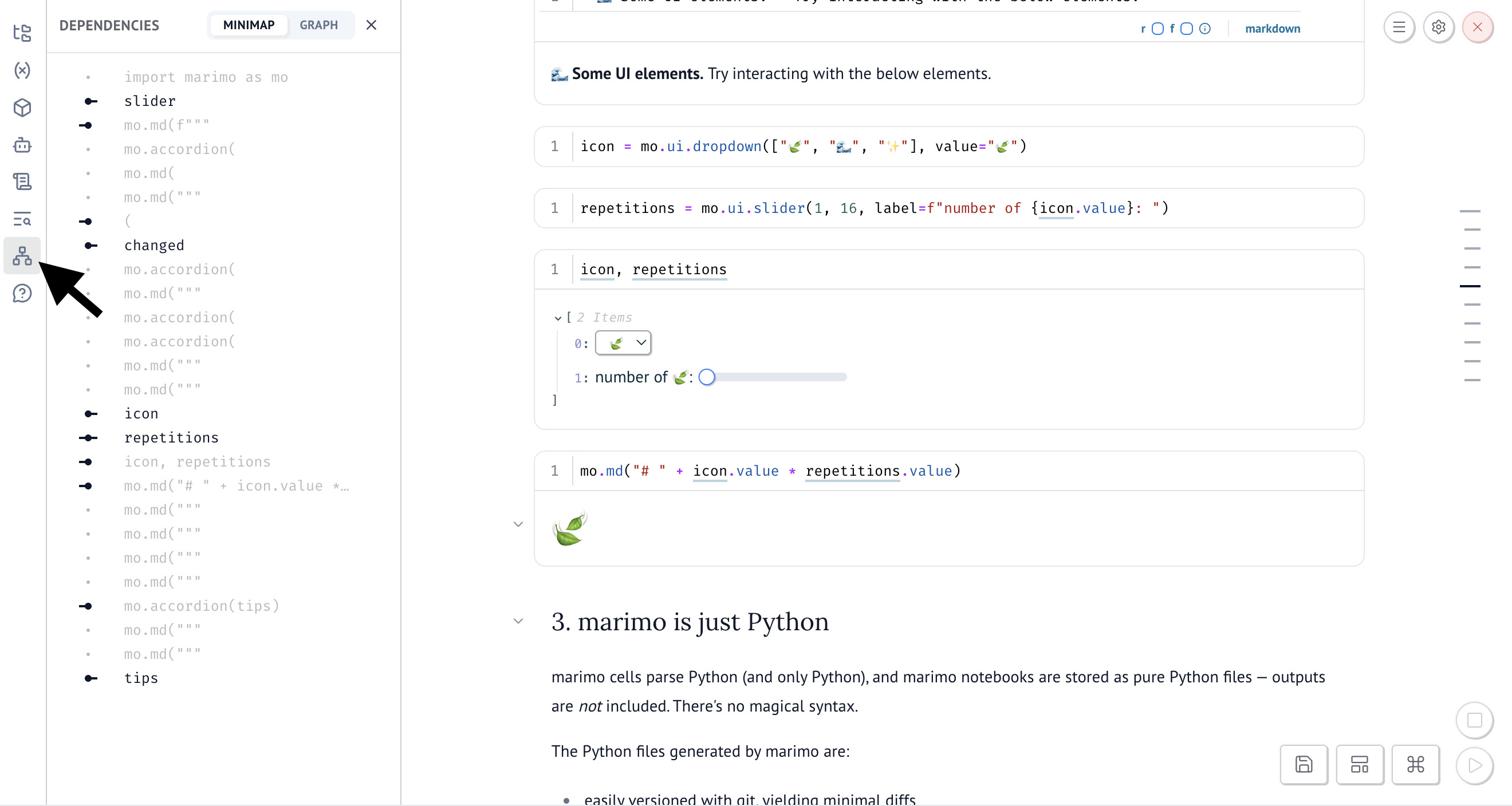 Dependencies panel showing minimap and graph tabs